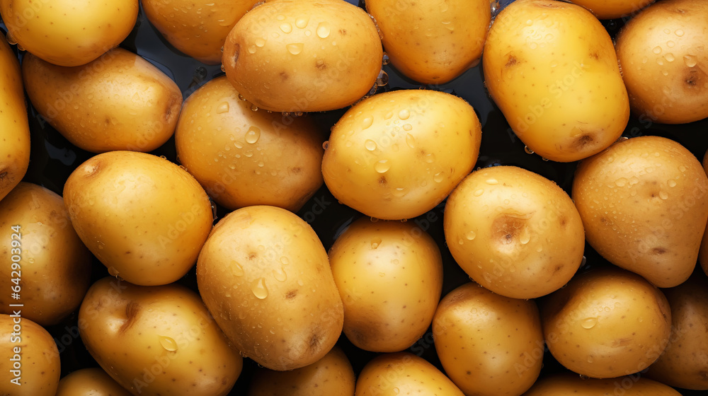 Fresh potatoes with water drops background. Vegetables backdrop. Generative AI