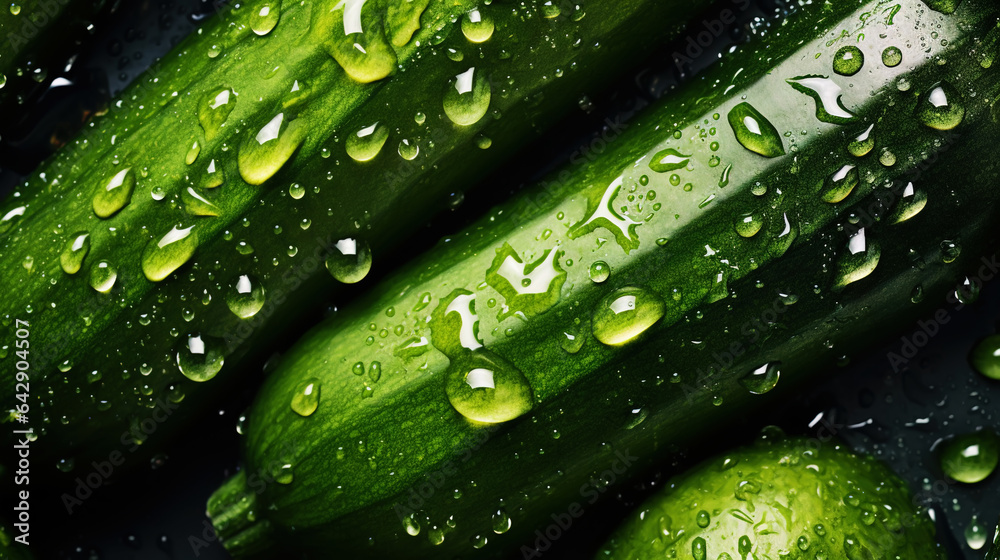 Freshgreen zucchini or courgettes with water drops background. Vegetables backdrop. Generative AI