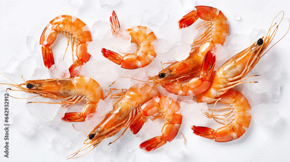 Top view of raw whole king prawns on ice. Seafood background. Generative AI