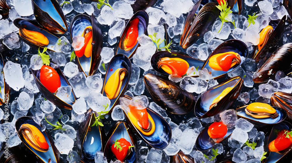 Raw Mussels on ice in the restaurant . Fresh seafood shellfish background. Generative AI