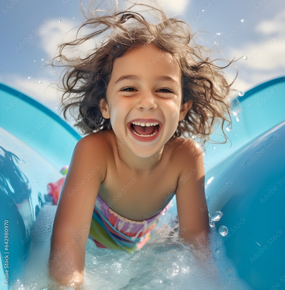 laughing happy girl in a water park, sliding down the toboggan, splashes and foam, joy from active r