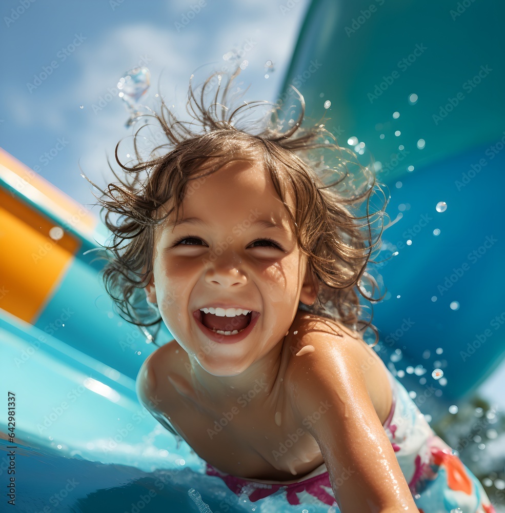 laughing happy boy in a water park, sliding down the toboggan, splashes and foam, joy from active re