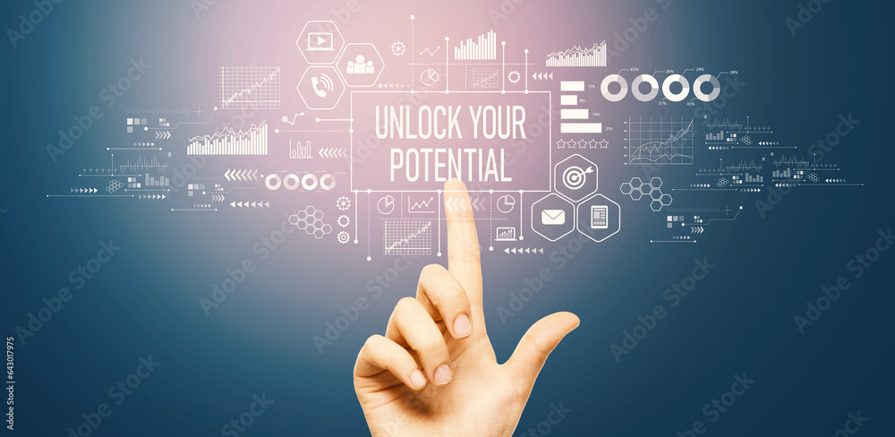 Unlock your potential theme with hand pressing a button on a technology screen