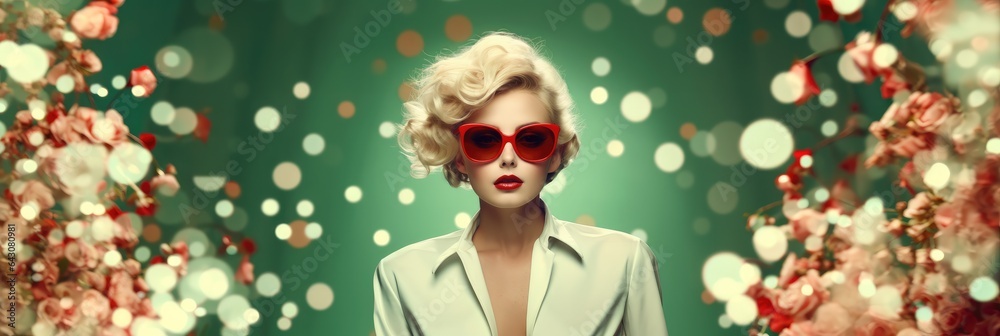 Portrait of beautiful blond woman wearing fashion eyeglasses on green background.