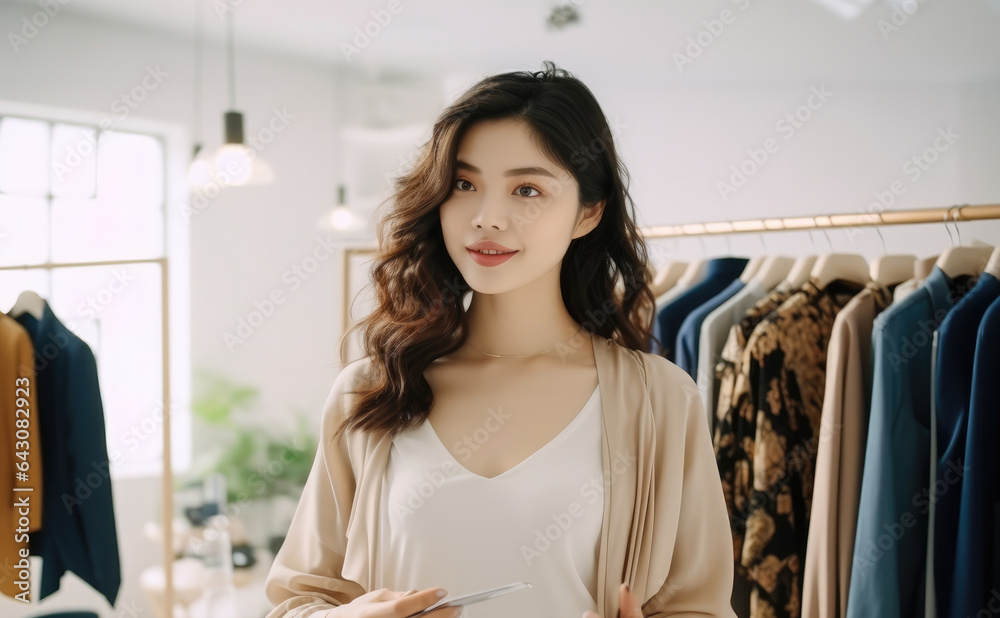 Portrait of Asian Designer stylish standing and working at fashion studio.