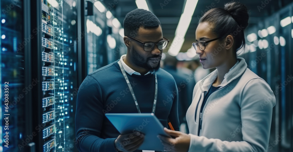 IT Technician works on laptop computer and woman colleague in data center while working next to serv