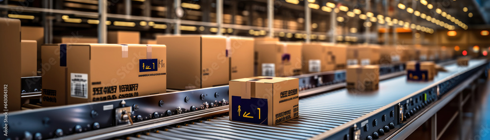 Conveyor belt in a distribution warehouse with row of cardboard box packages at modern industries wa