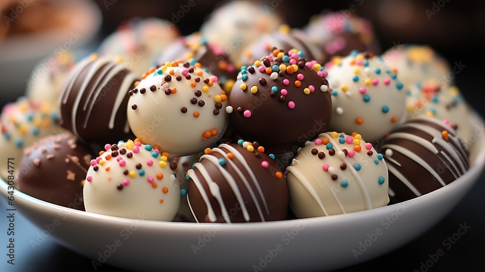 Delicious cake pops decorated with frosting chocolate and sprinkles.