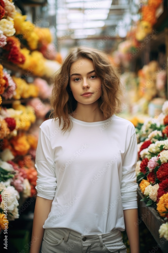 Flower Market Adventure Mockup Teenage Girl in White Shirt