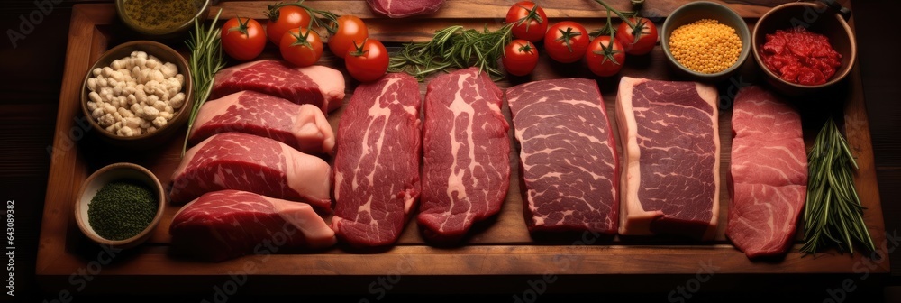 Raw steak on a wooden Board on a table prepared for the grill.