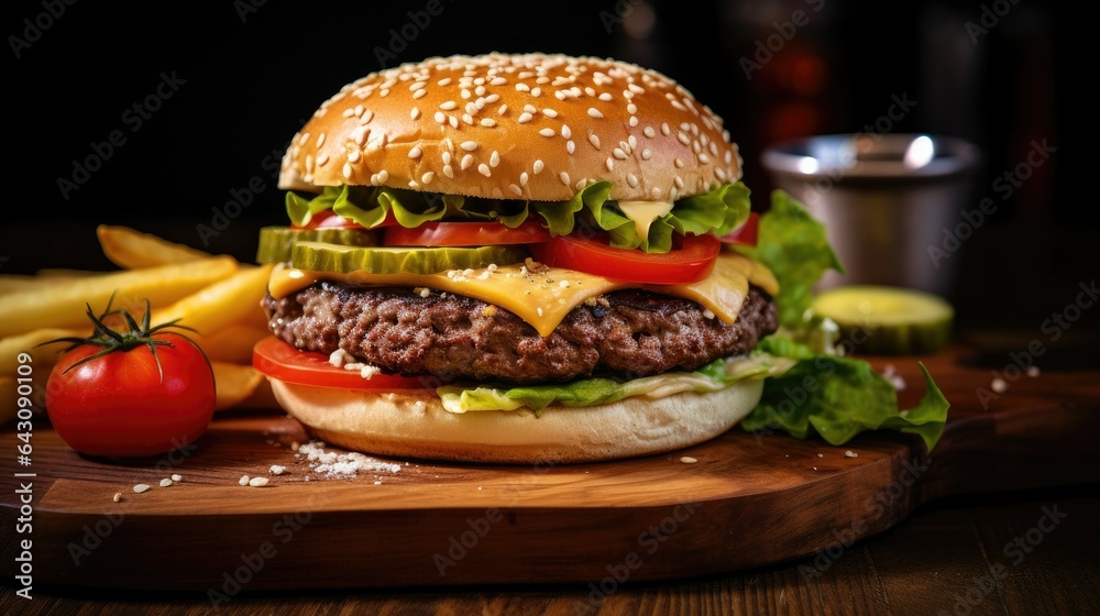 Delicious Gourmet Burger and Golden Fries on Wooden Cutting Board