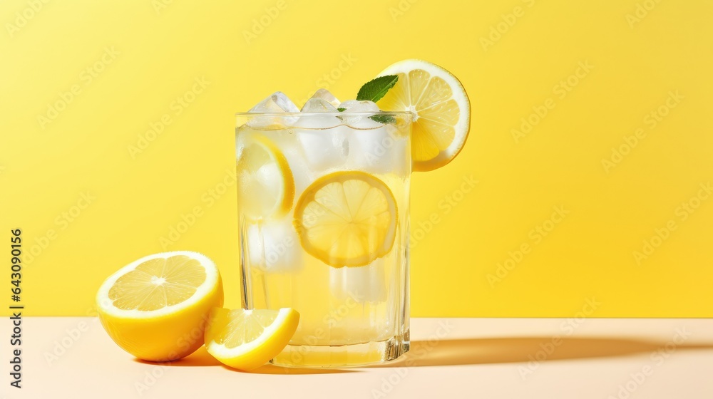 Refreshing Summer Vibes: A Cool Glass of Lemonade, Glistening with Ice, Beckoning You to Embrace the