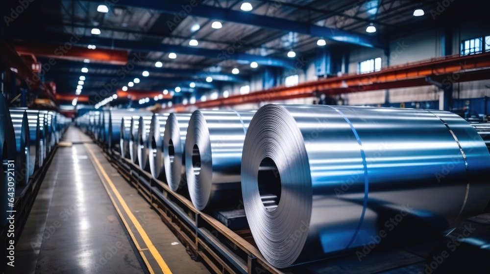 Rolls of galvanized steel sheet inside the industry factory.