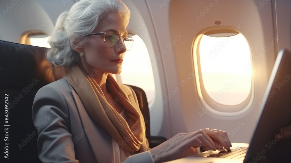 Senior businesswoman travels business class aboard a private jet, Business traveling concept.