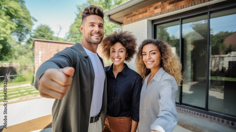 Property market concept, Smiling real estate broker pointing with hand while showing new dwelling to