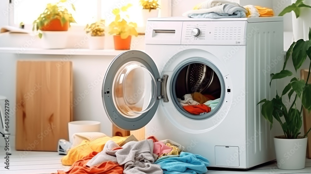 Laundry room with washing machine in modern house.