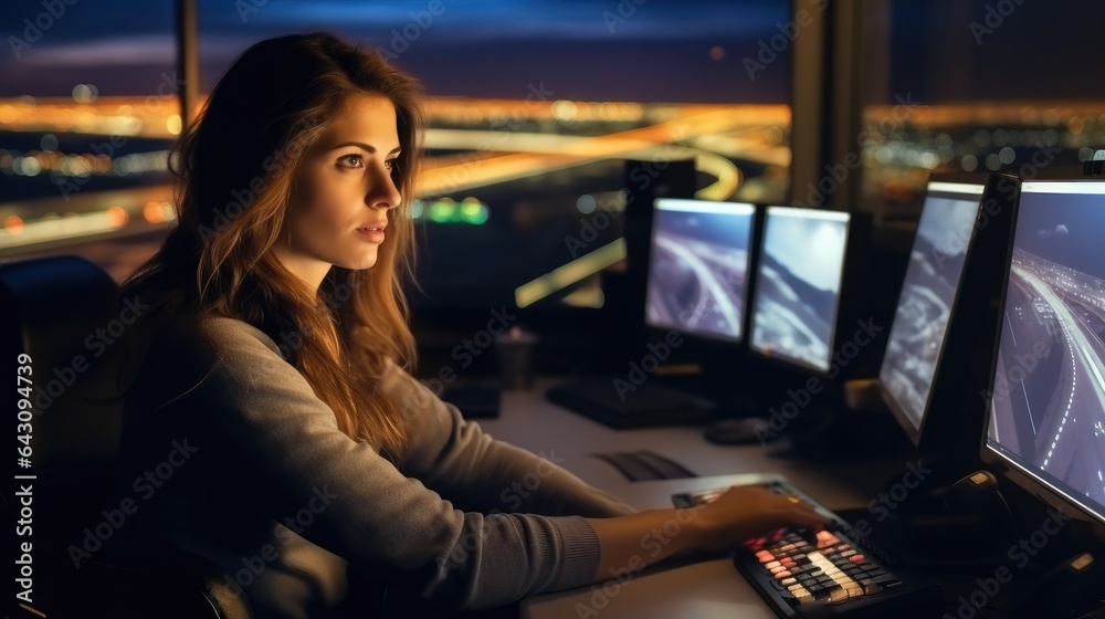 Woman working as air traffic controller at airport control tower.