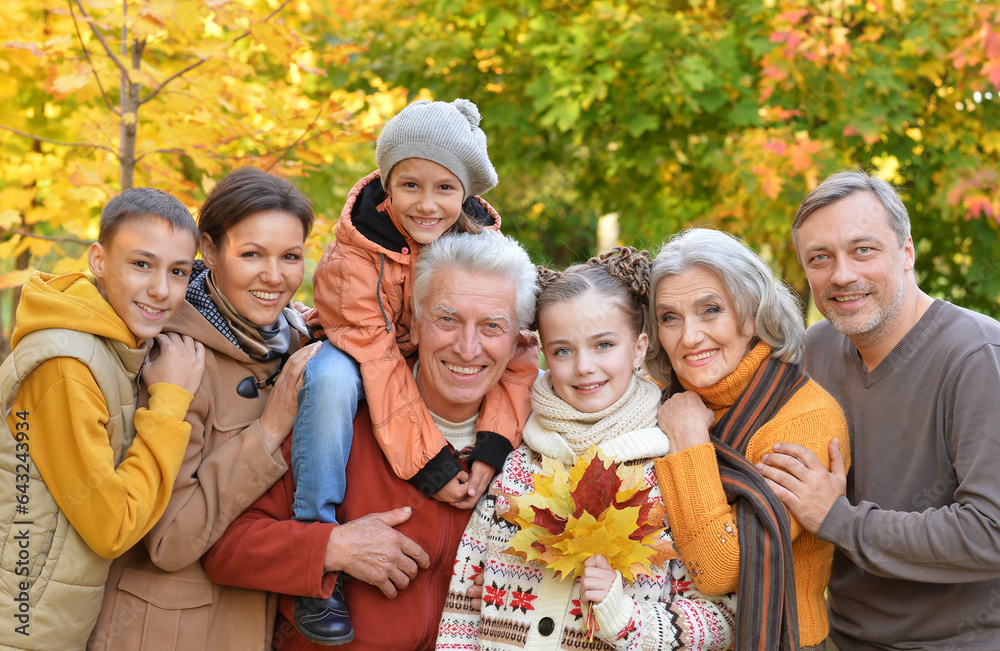 Portrait of a large family of seven in autumn