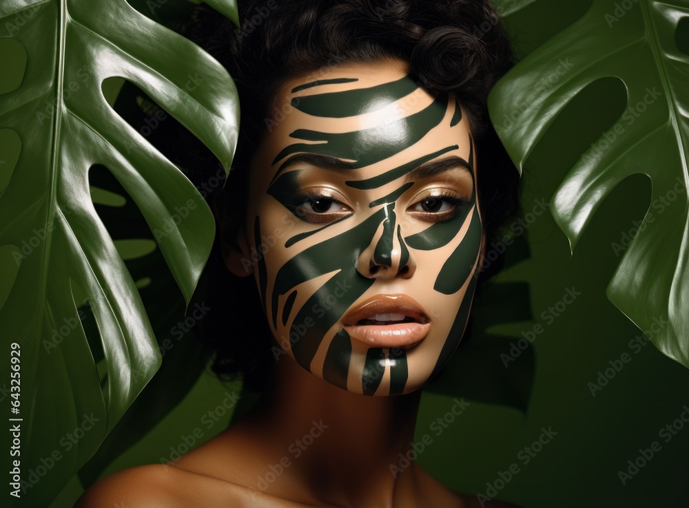 A young woman holding a large leaf behind her head