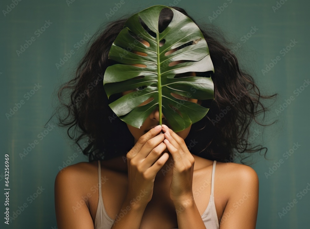 A young woman holding a large leaf behind her head