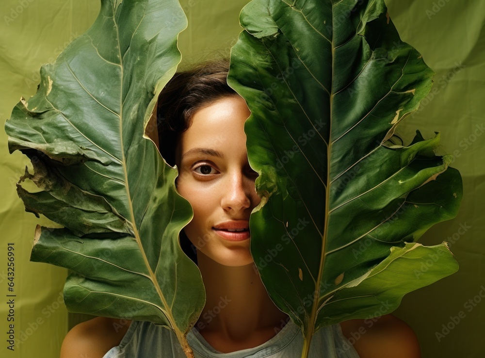 A young woman holding a large leaf behind her head