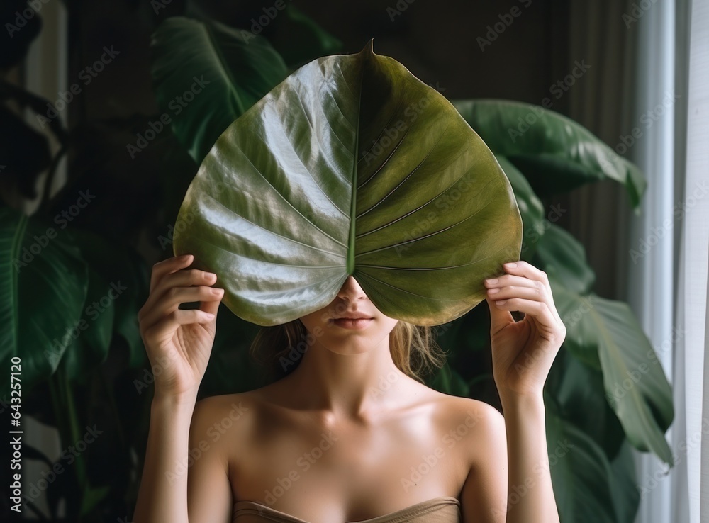 A young woman holding a large leaf behind her head