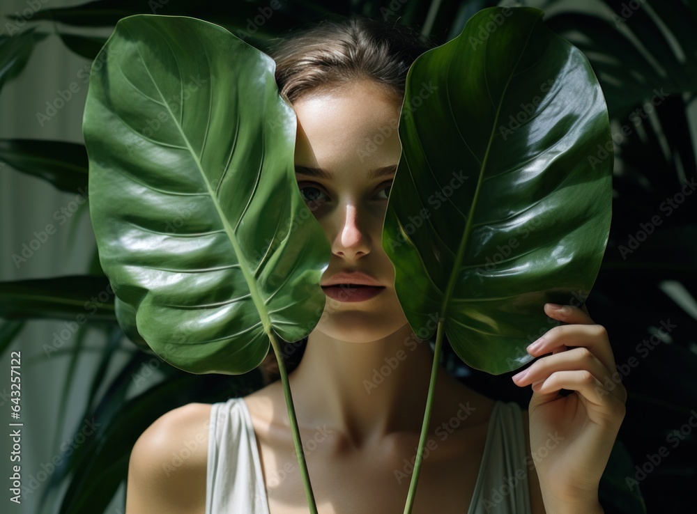 A young woman holding a large leaf behind her head