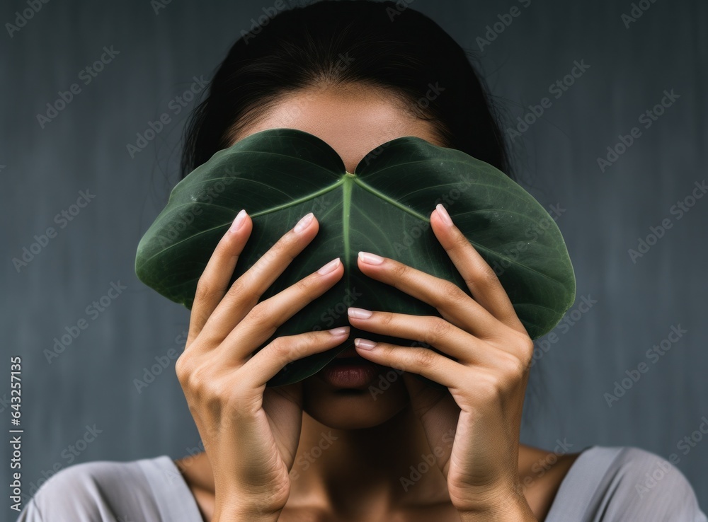 A young woman holding a large leaf behind her head