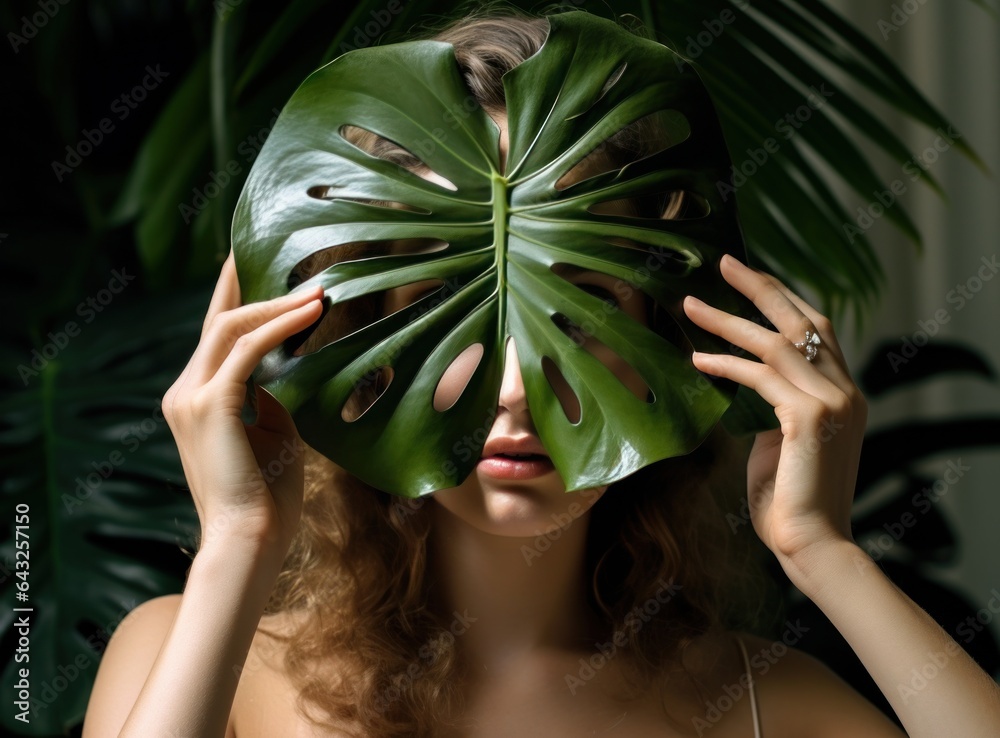 A young woman holding a large leaf behind her head