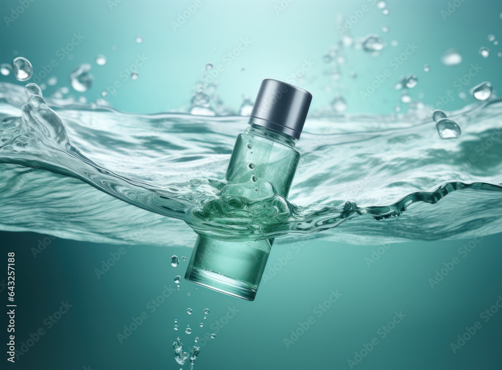 Clear bottle of moisturizer in blue water