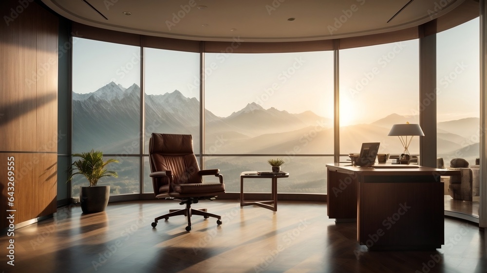 Tranquil Workspace with Breathtaking Mountain Scenery and Sunrise