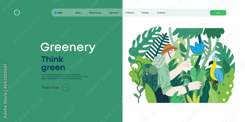 Greenery, ecology -modern flat vector concept illustration of a woman exploring the jungle and a wil