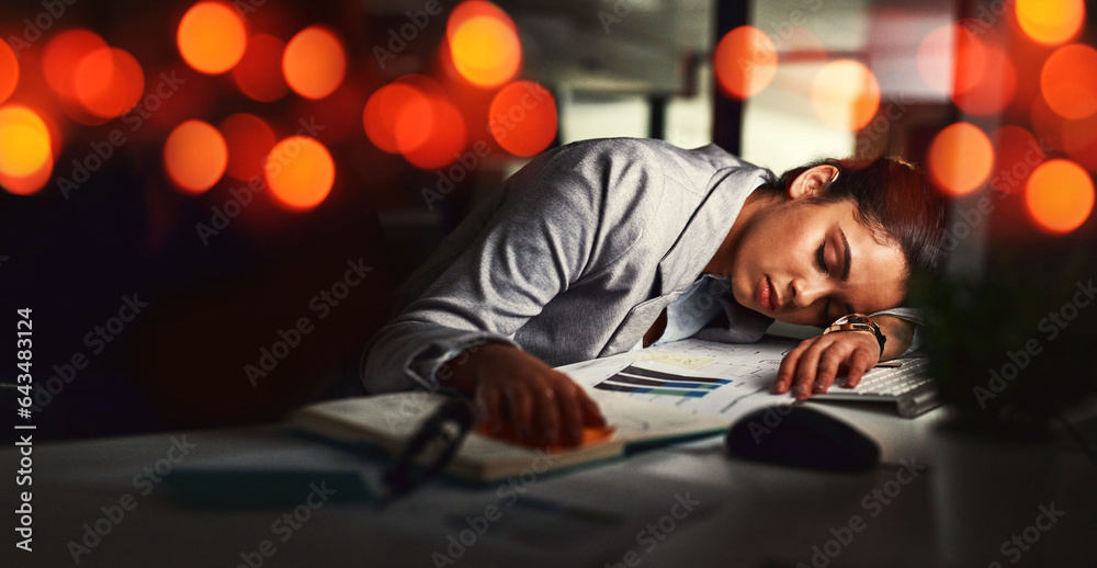 Business woman, sleep and office in night, tired and bokeh with burnout, stress or deadline for fina