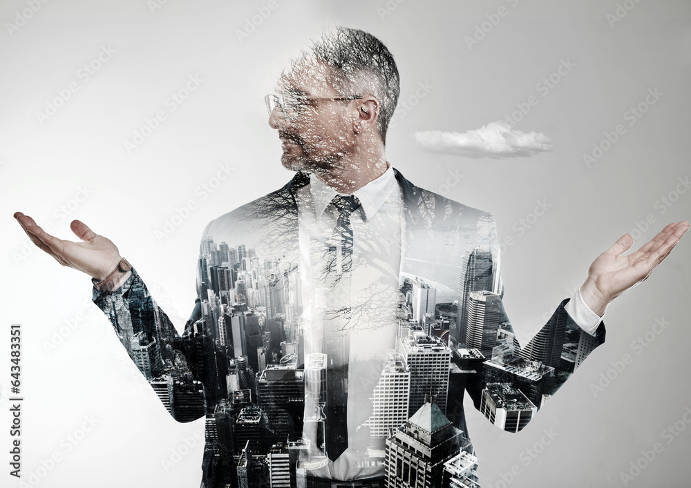 Businessman, thinking or choice in double exposure city by white background space for eco friendly b