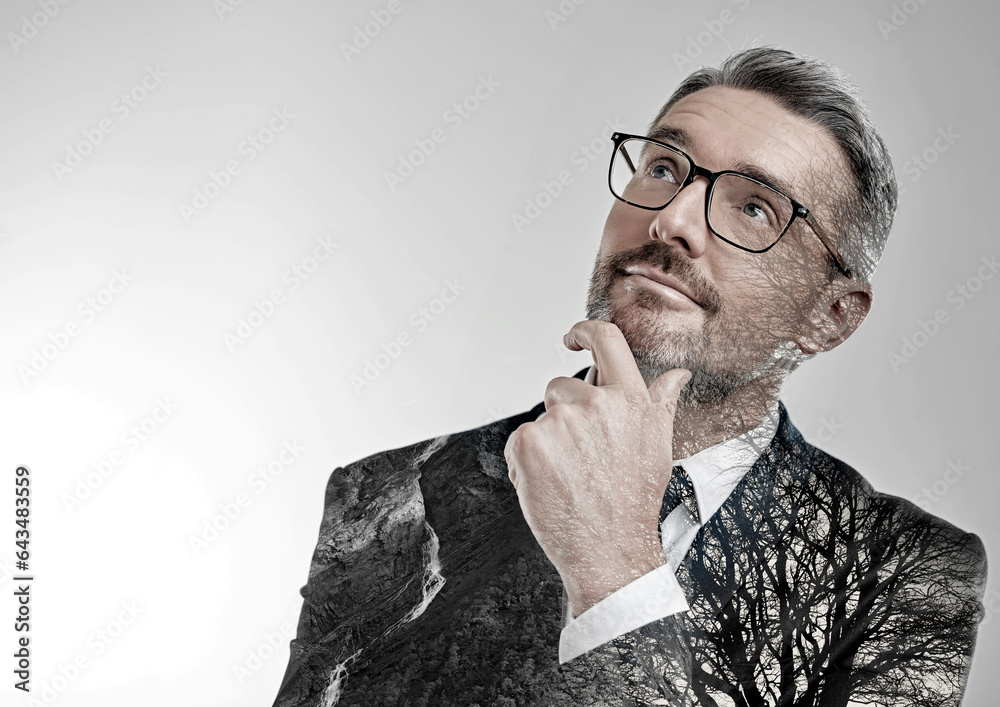 Businessman, thinking or nature double exposure by white background, space or mockup of eco friendly