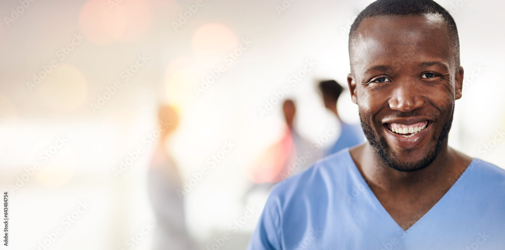 Black man, doctor and portrait in clinic with space for mockup, healthcare and wellness with bokeh. 