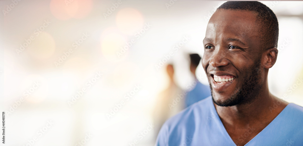 Black man, doctor and thinking in clinic with space for mockup, healthcare and wellness with bokeh. 