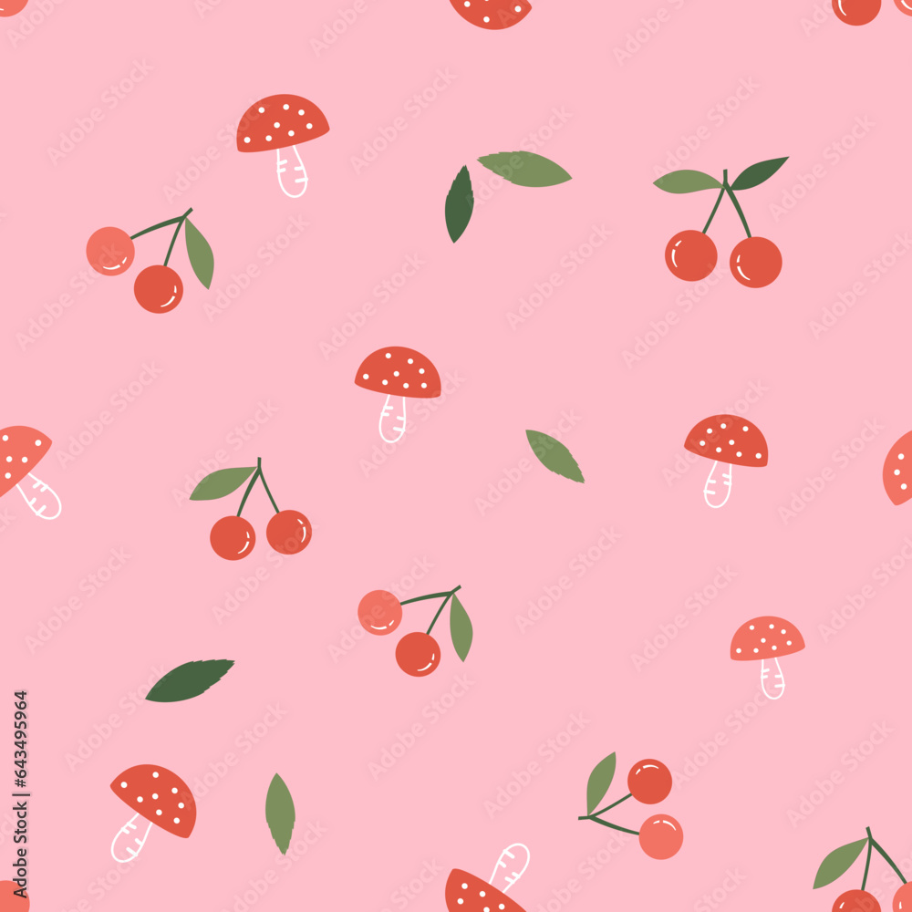 Seamless pattern of cherry fruit with green leaves and mushroom on pink background vector illustrati