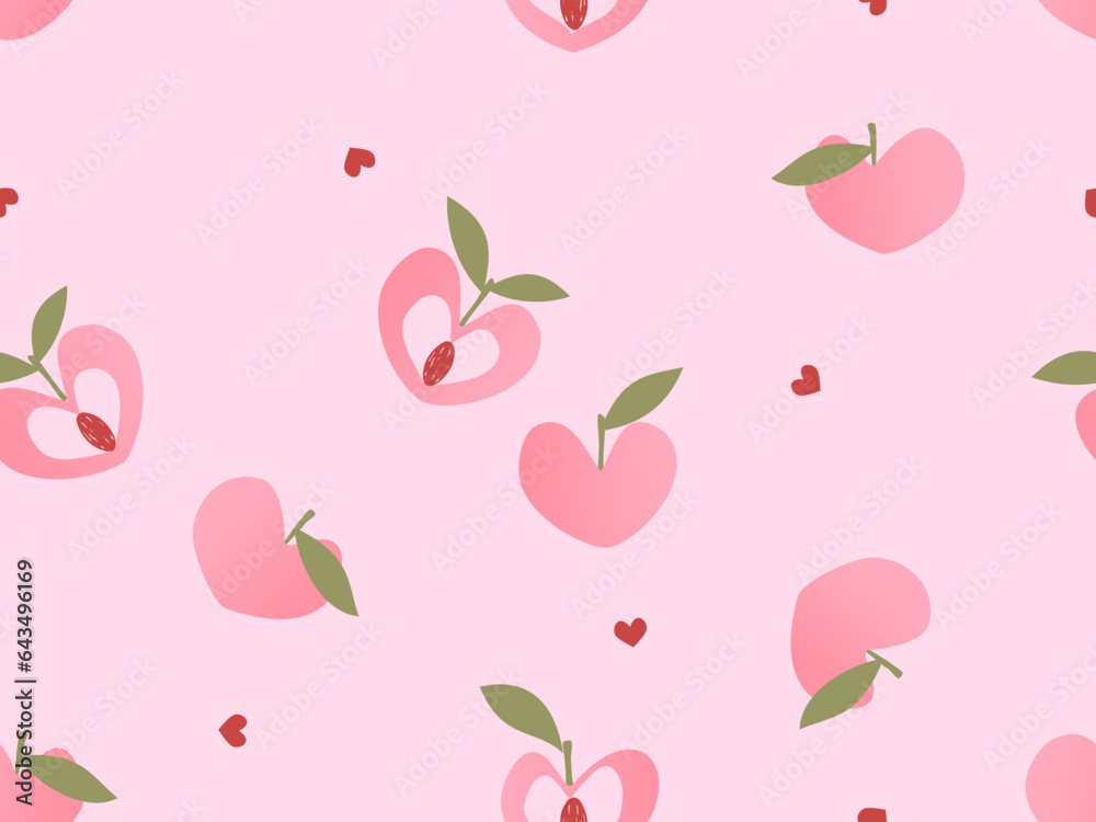 Seamless pattern of heart shape peach fruit with green leaves on pink background vector illustration