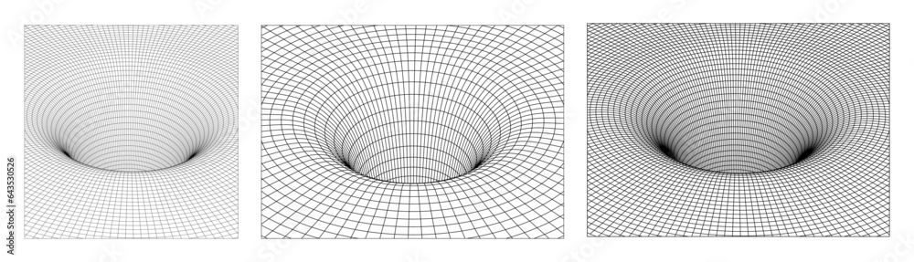 Collection of wireframe lowpoly 3d geometric funnel, wormhole with surface warp. Surreal space trave