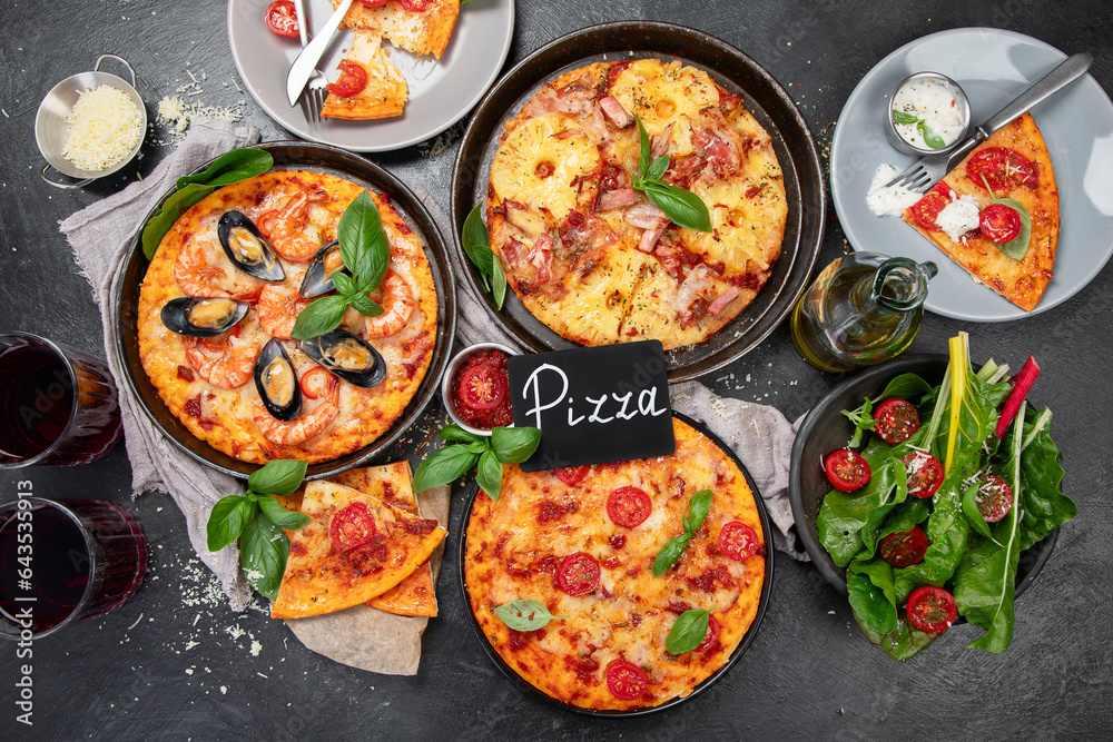 Assortment of various type of Italian pizza.