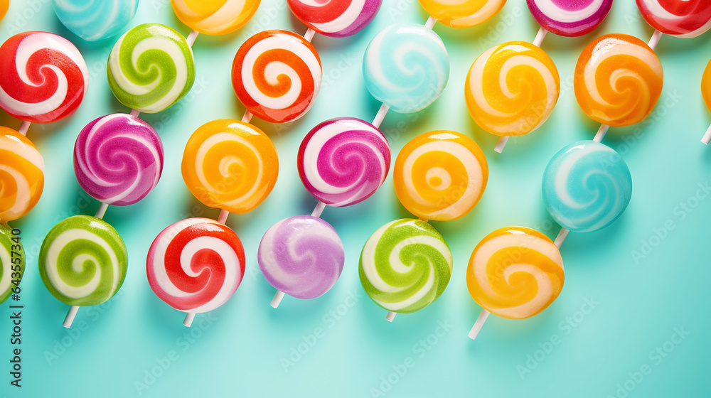 Colorful lollipop candies background. Top view. Generative AI