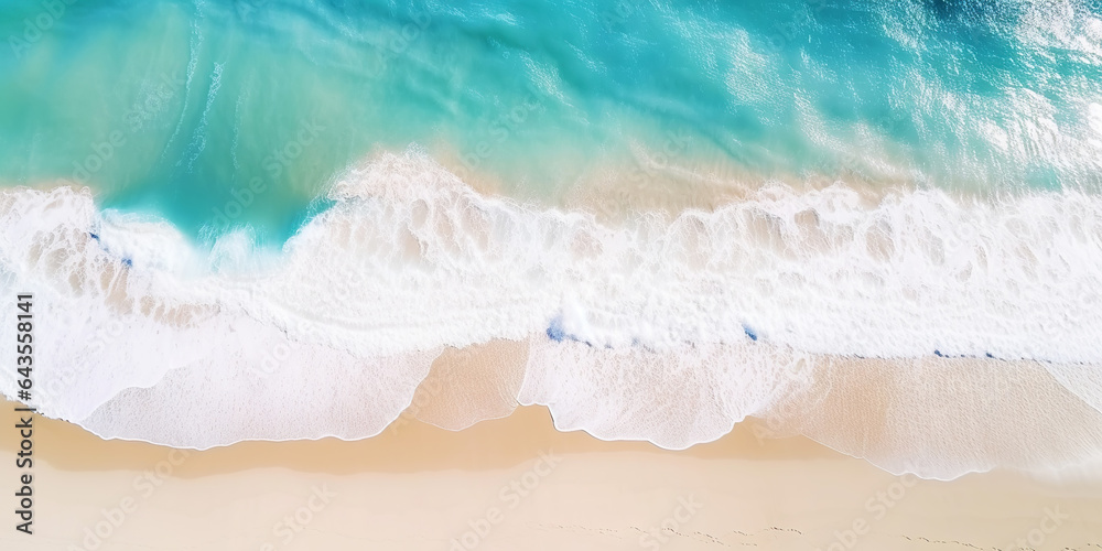 Top view oncoast with ocean waves. Blue water background. Summer seascape from air. Generative AI