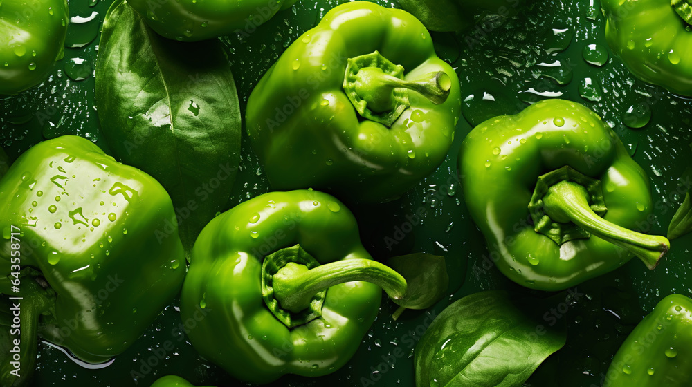 Fresh green bell peppers with water drops background. Vegetables backdrop. Generative AI