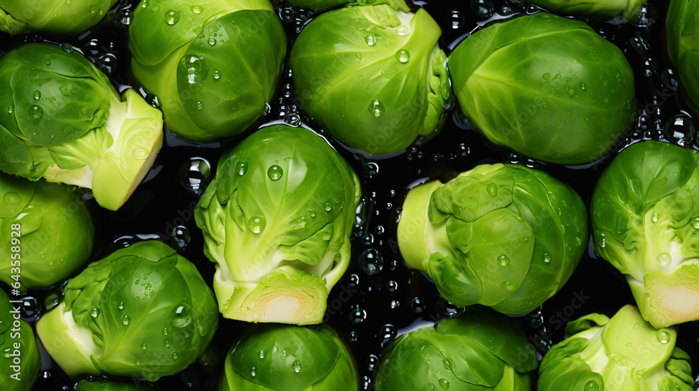 Fresh green brussels sprouts with water drops background. Vegetables backdrop. Generative AI