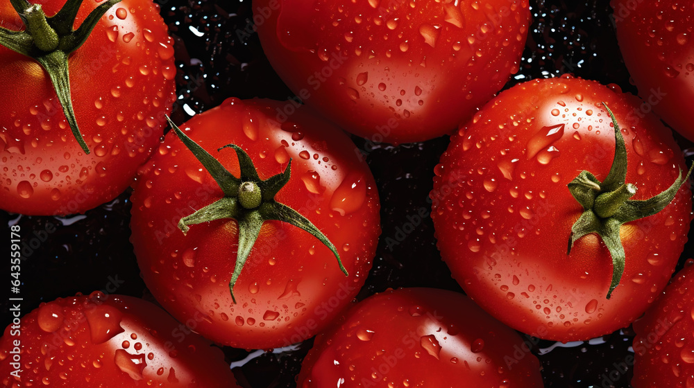 Fresh red tomatoes with water drops background. Vegetables backdrop. Generative AI