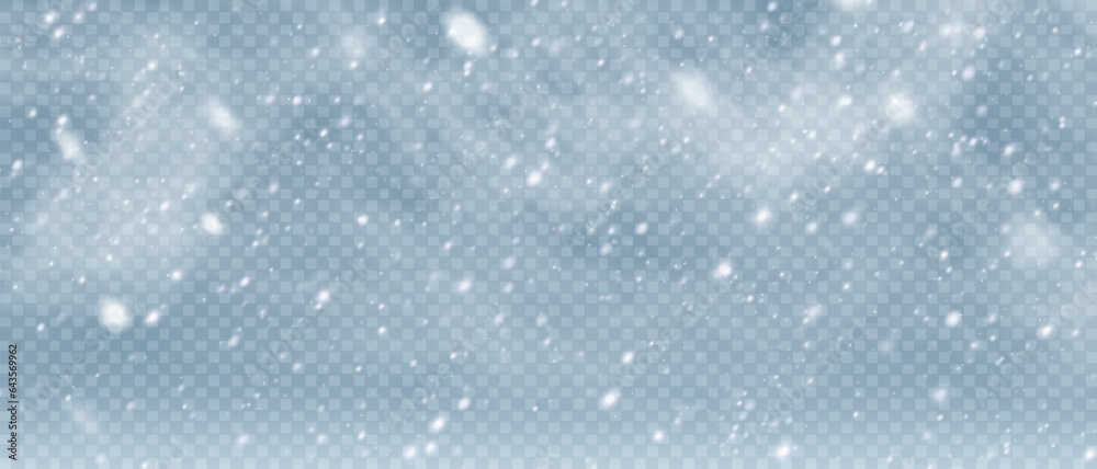 Falling snowflakes in transparent beauty, delicate and small, isolated on a clear background. Snowfl