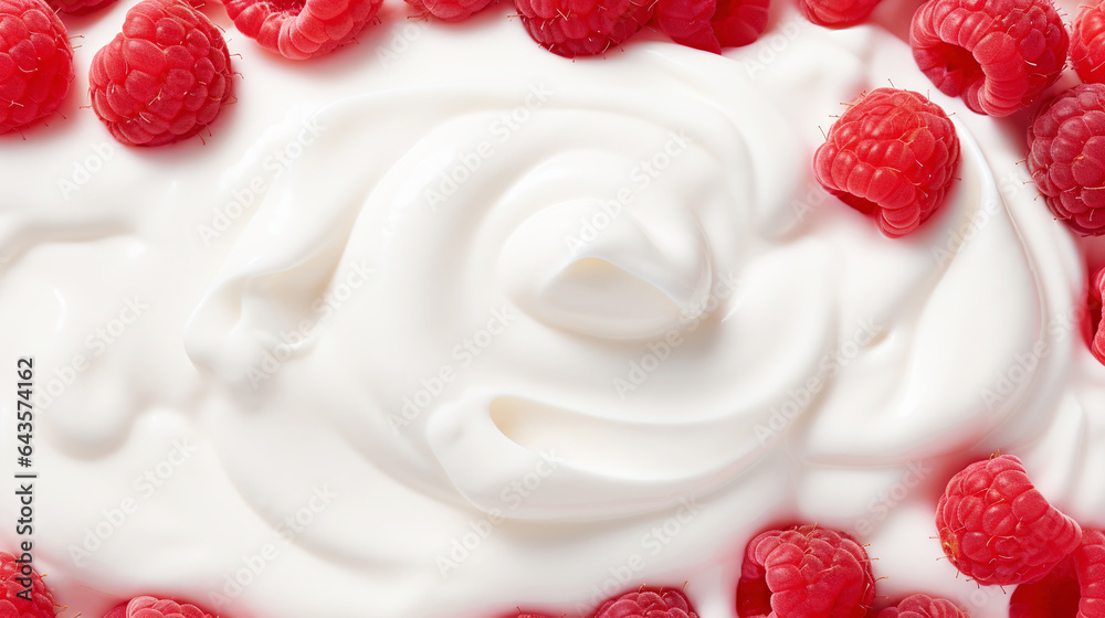 Yogurt and fresh raspberries, background. Top view. Generative AI