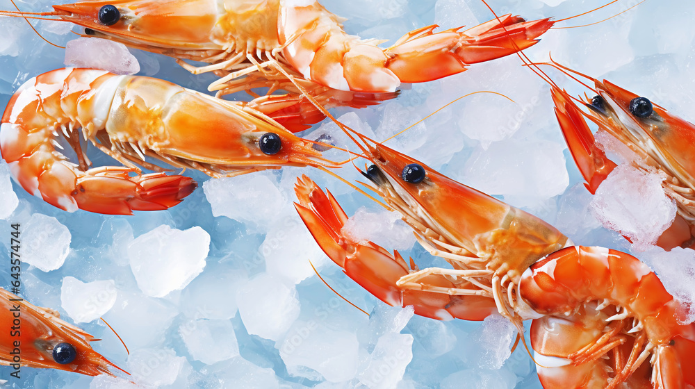 Top view of raw whole king prawns on ice. Seafood background. Generative AI