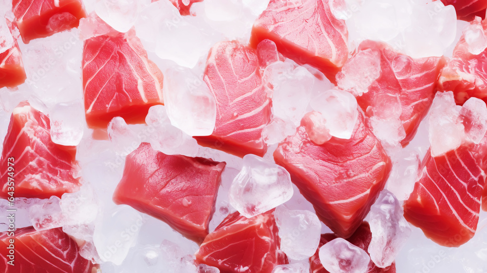 Slices of tuna fish on the ice cubes. Fresh fish fillet. Seafood background. Generative AI